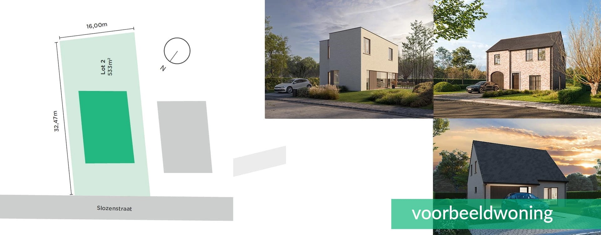 Inplantingsplan bouwgrond te koop in Meise, Slozenstraat (lot 2, 533 m²) met renders van voorbeeldwoningen