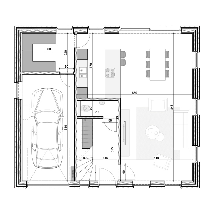 Grondplan gelijkvloers van een voorbeeldwoning voor project Kapellenberg in Kortenaken