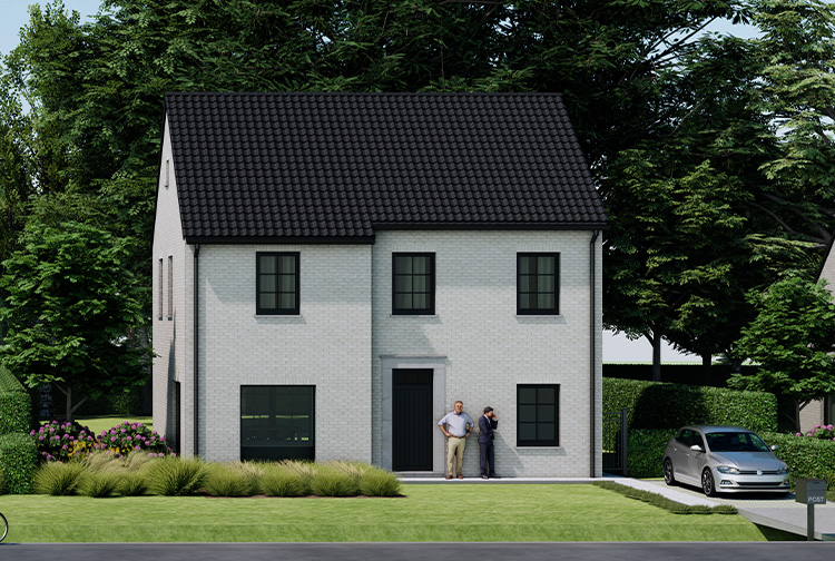 Strakke hedendaagse woning in Kampenhout met grote ramen en moderne gevelsteen
