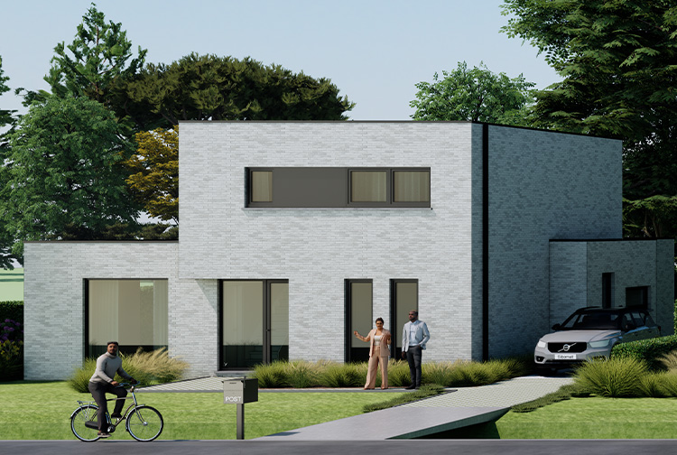 Strakke hedendaagse woning in Kampenhout met grote ramen en moderne gevelsteen