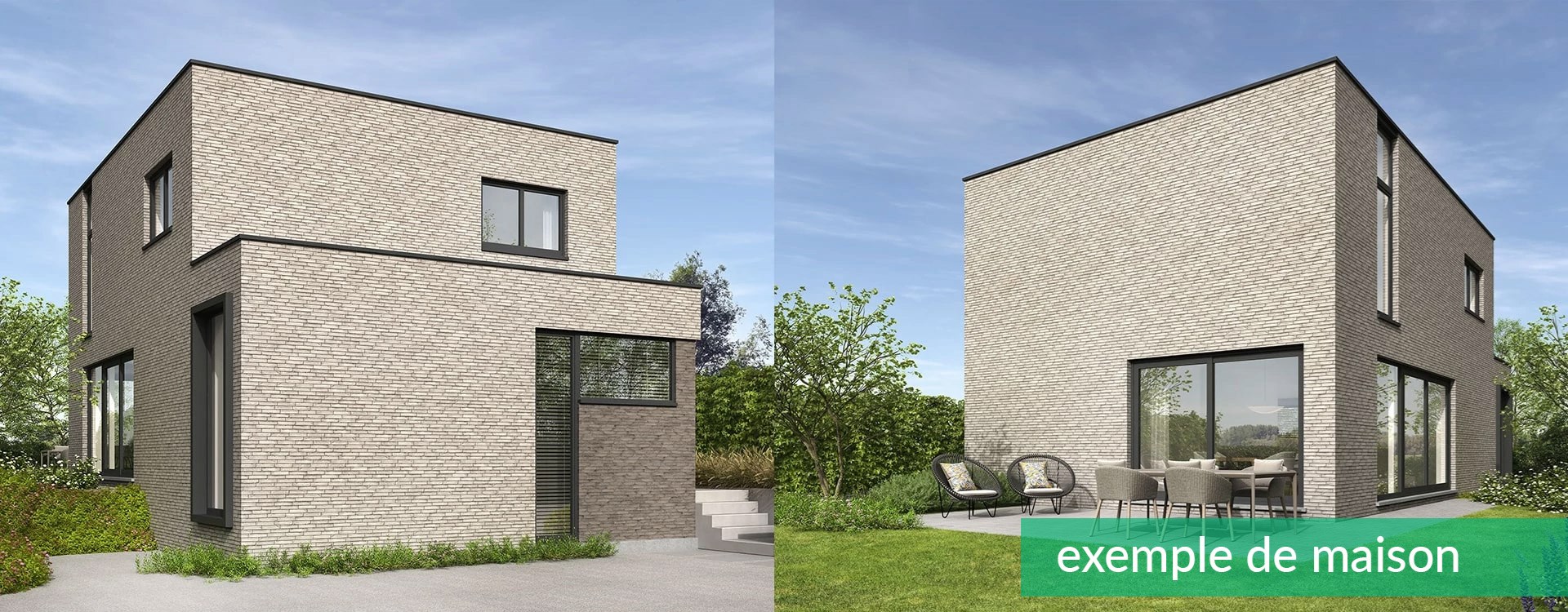Exemple de maison sur un terrain à bâtir à vendre à Meise : maison moderne à toit plat, vue rue et jardin