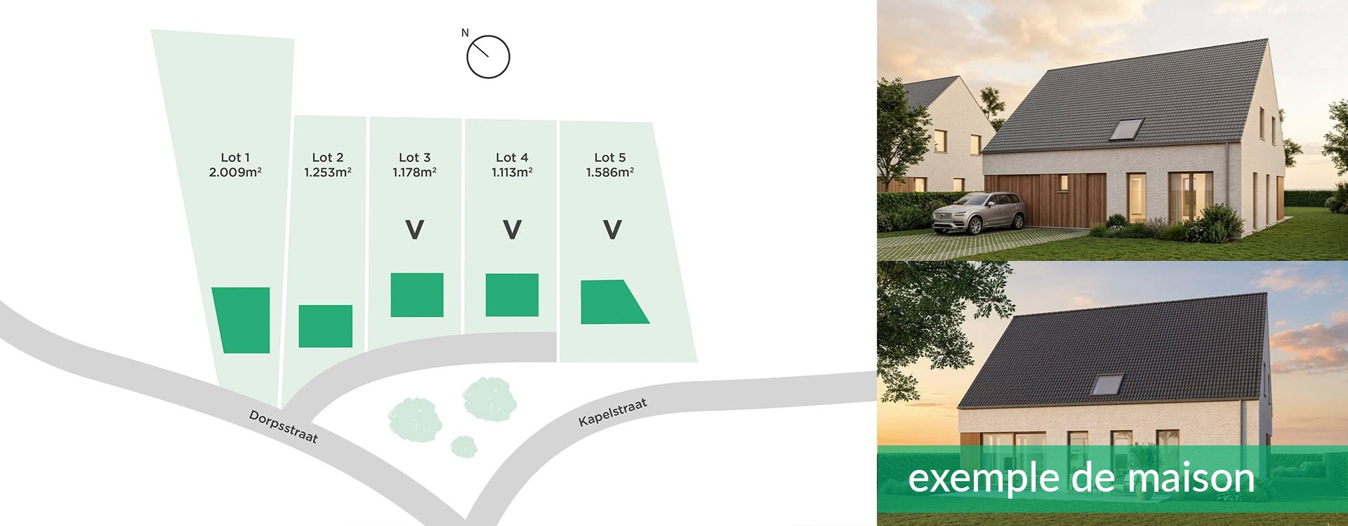 Plan d'implantation du projet Kapellenberg à Ransberg avec cinq lots et rendus d'exemples de maisons