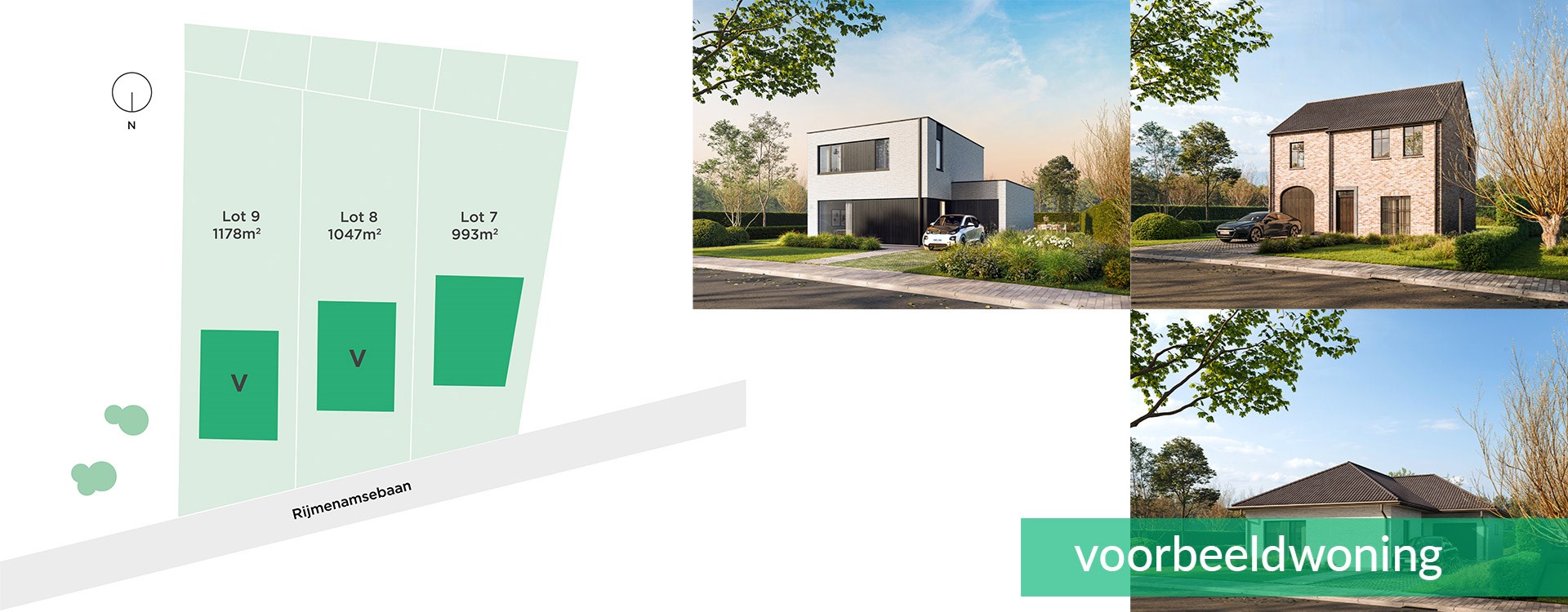 Inplantingsplan project in Keerbergen (lots 7 tot 9) met renders van voorbeeldwoningen