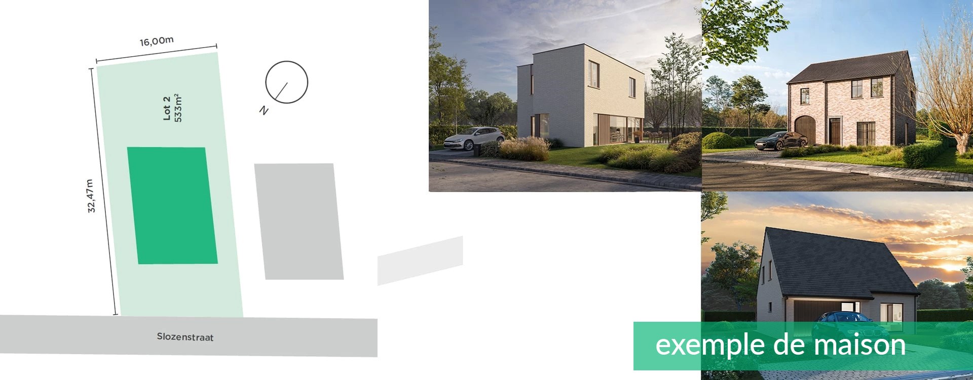 Plan d'implantation du terrain à bâtir à vendre à Meise, Slozenstraat (lot 2, 533 m²) avec rendus d'exemples de maisons